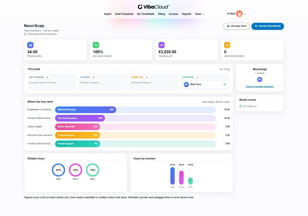 The VibaCloud team dashboard: team hours, billable share and value for the last four weeks, with a status board showing who has submitted their week